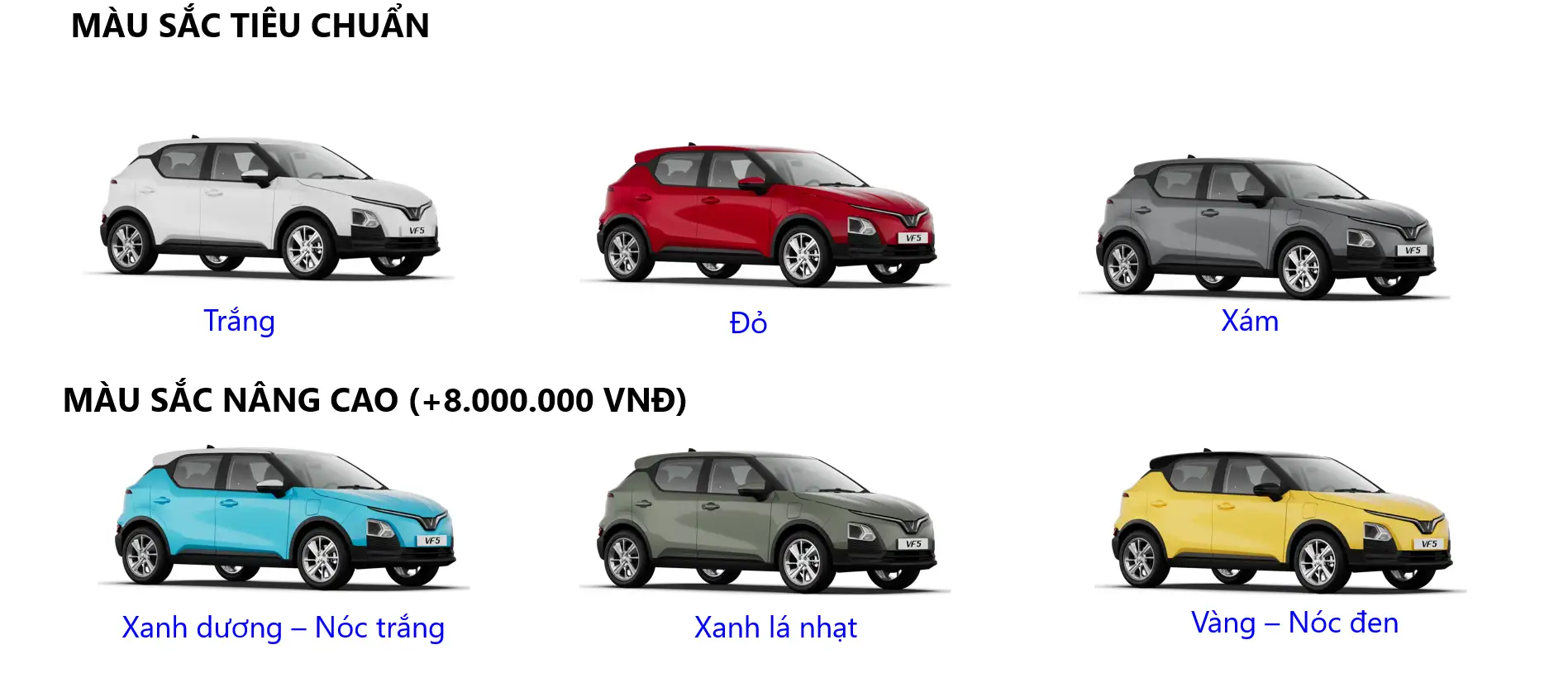 màu xe vf5 plus 6 màu ngoại thất đơn sắc chính hãng