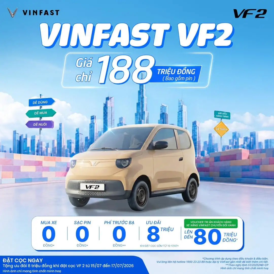 VinFast VF2 2026 xe điện rẻ nhất Việt Nam giá 188 triệu
